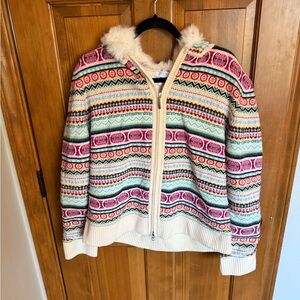 Escada Sport Wool Jacket with removal rabbit fur lined hood, size XL